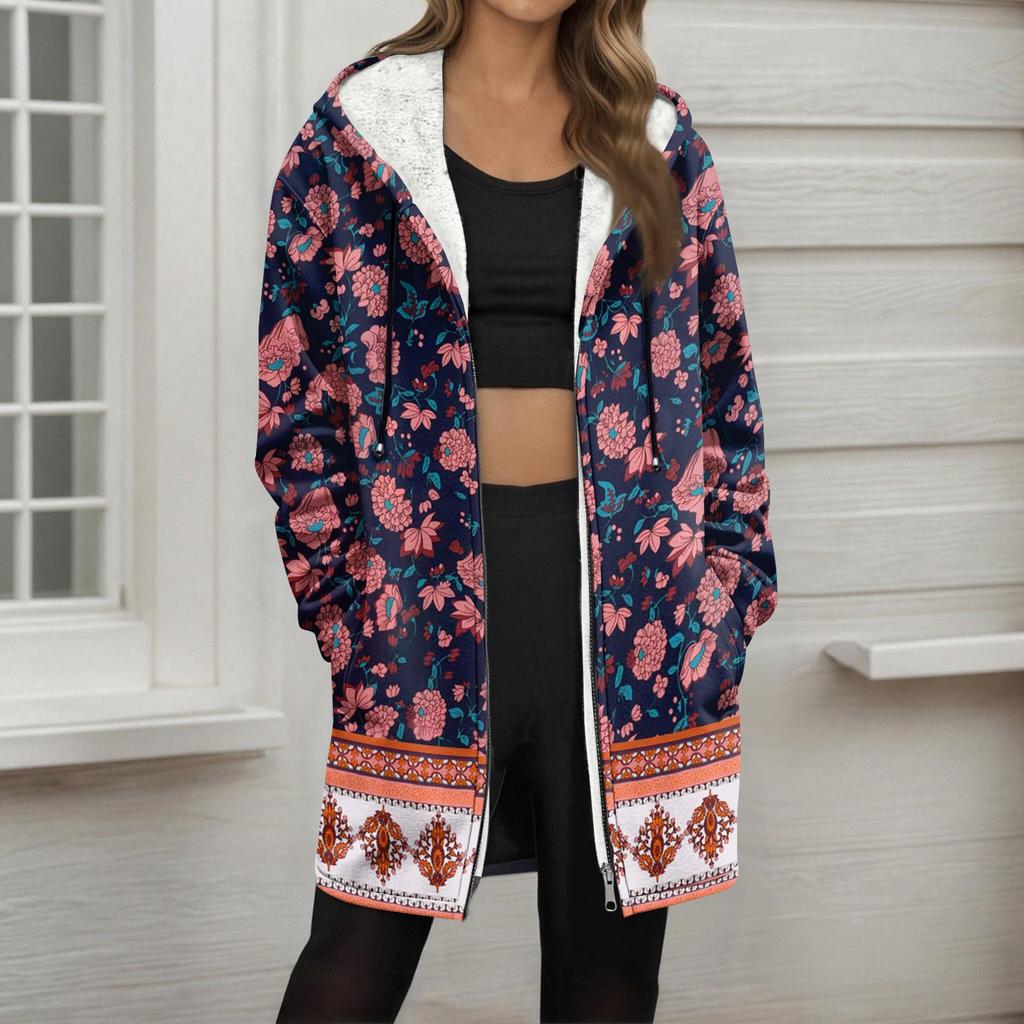 Women's Gradient Print Fashionable Loose Zipper Fleece Hoodie Jacket