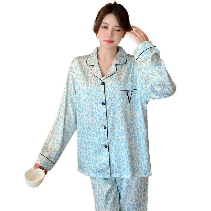 Popular Ice Silk Leopard Print Pajamas Women'S Summer Thin Long-Sleeved Trousers Letter-Embroidered Loungewear