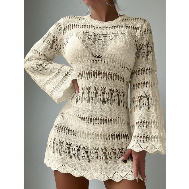 Summer Sexy See Through Beach Dress New Women Hollow Out Mesh Long Sleeve Cover Up Loose Sun Protection Vacation Bikini Cover Up Short Dress 265