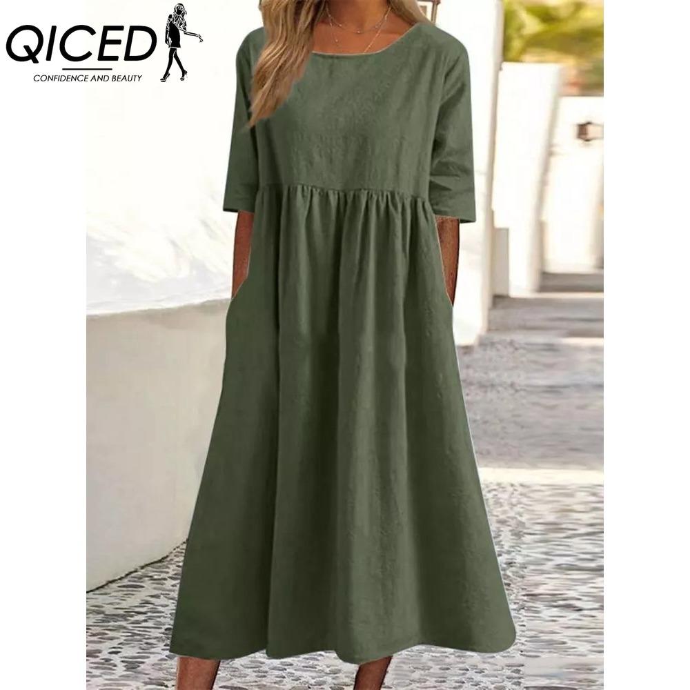 QICED Primavera Estate Abito Donna Girocollo Abiti Lunghi Casual Ampi Abiti Taglie Forti