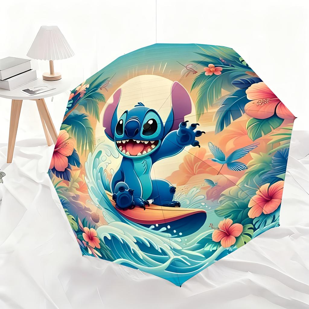1pc Disney Stitch Surf Automatic Umbrella, All-Weather Folding Umbrella for All Occasions, Portable Compact Umbrella, Christma