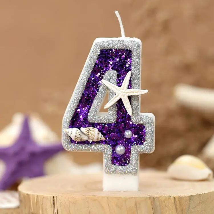 Original Birthday Number Candles Sparkling ocean Candle 2 Years for Cake Topper Decoration Purple Pure Bee Honey Candles