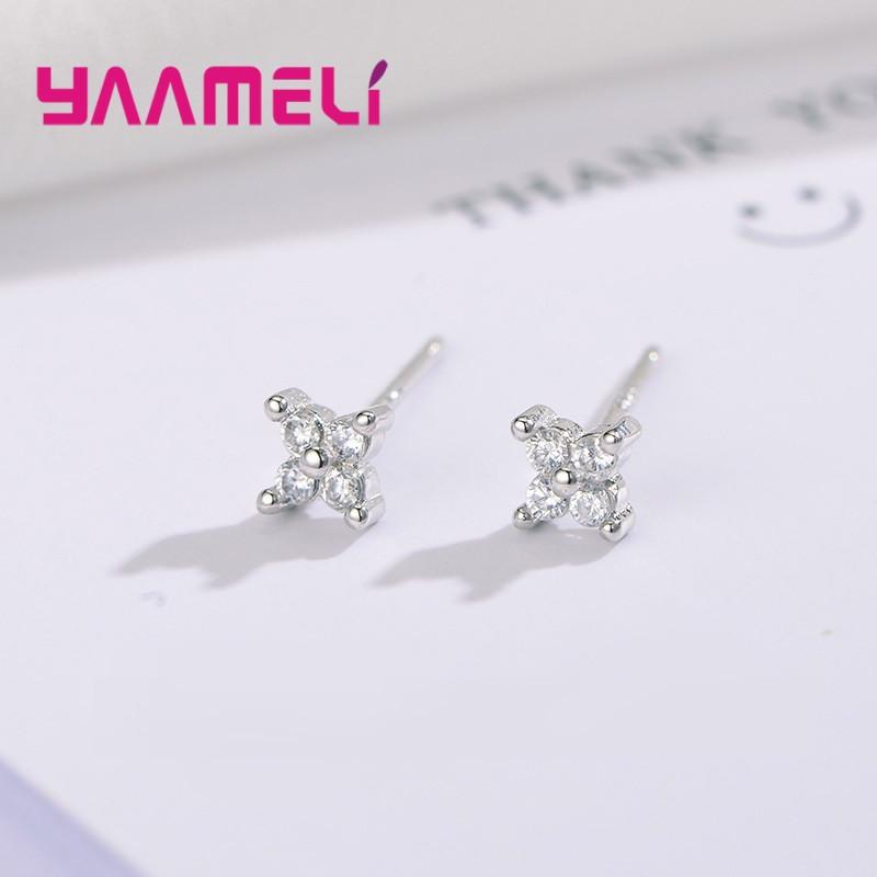 925 Silver Clover Stud Earrings with Sparkling Zircon for Women and Girls