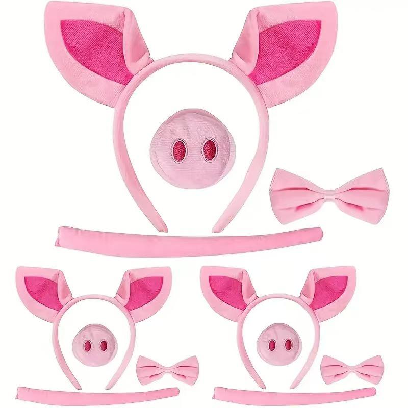Halloween Cute Pink Pig Costume Headband Set - Cartoon Animal Plush Piggy Face