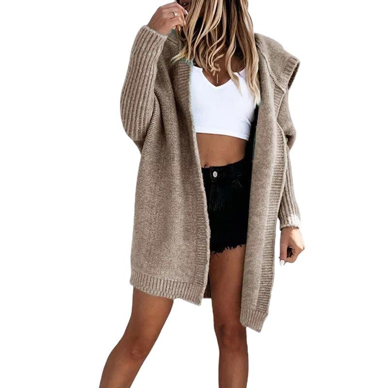 2025 New Knitted Hoodie Sweater Temperament Commuter Bat Type Loose Solid Color Hooded Sweater Jacket Women