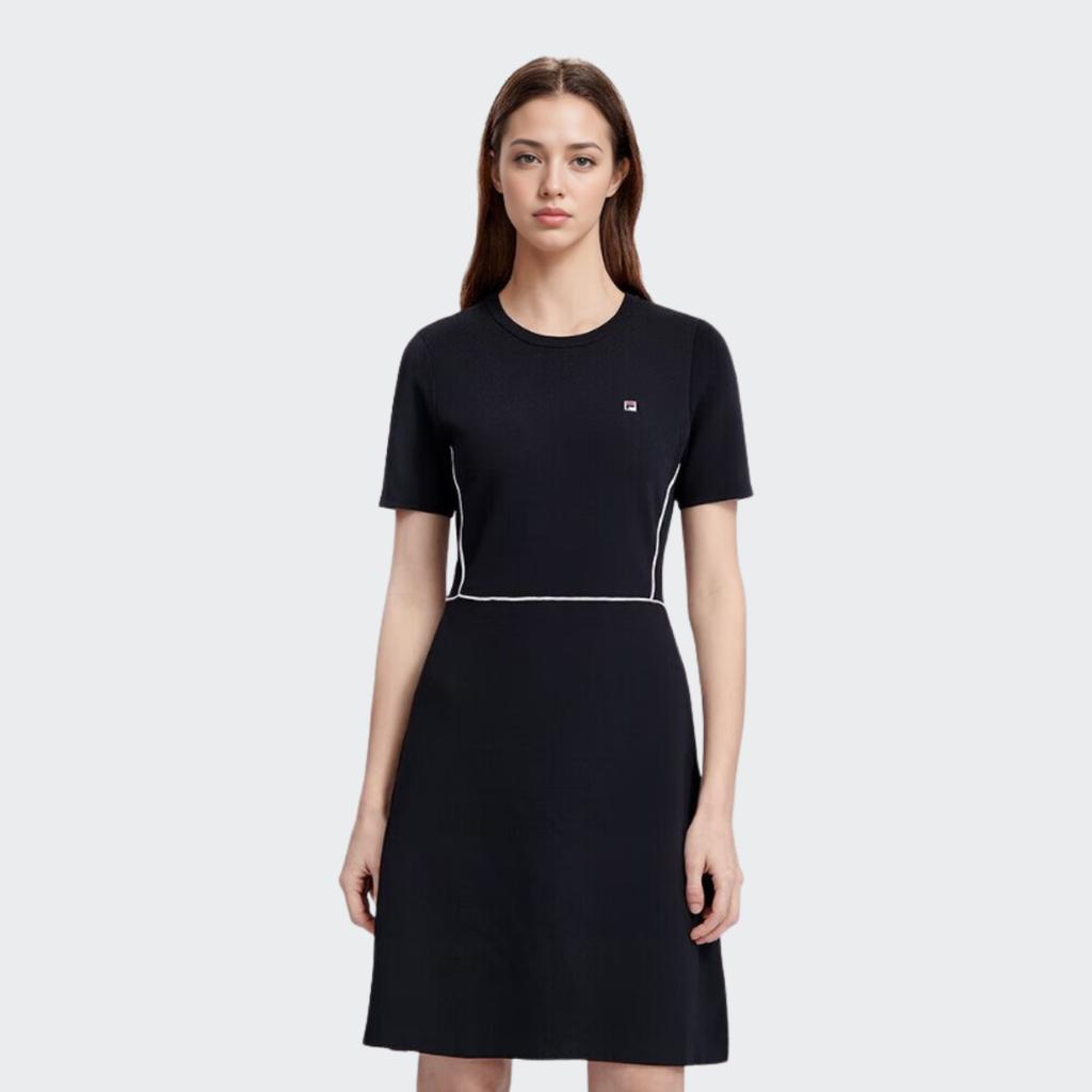 Fila Logo Solid Color Round Neck Fashion Elegant Waist Slimming Simple Short Sleeve Dress Women Dresses Legendary-Blue F11W321312FNV