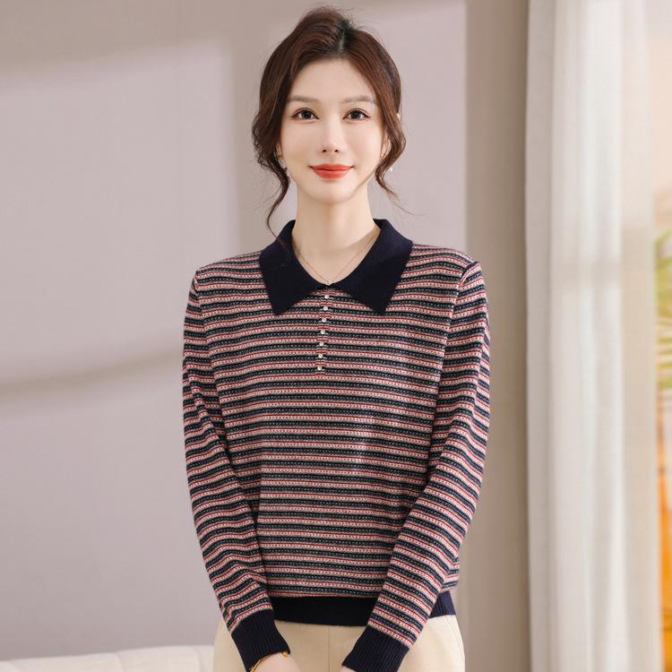 Autumn New Style Fashionable Middle-aged and Elderly Bottom Shirt Top Fashionable Mother-wear Striped Sweater Loose and Casual