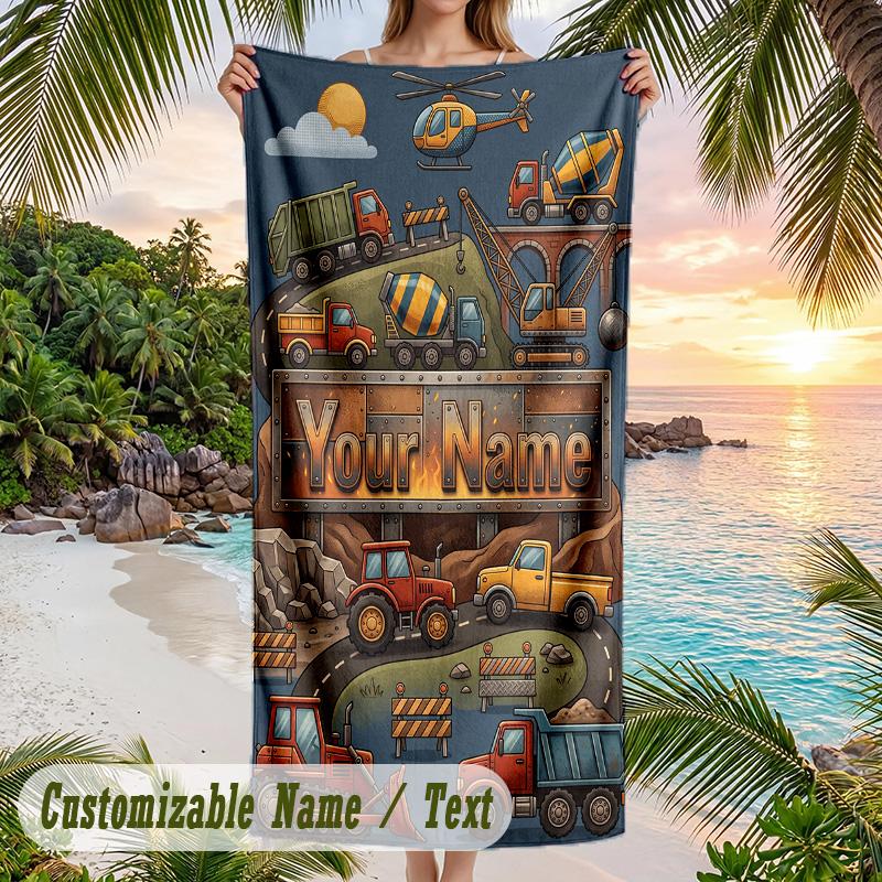 Construction Vehicles Theme Beach Towel Personalized Custom Name & Text Soft Quick Dry Beach Towel for Swimming Travel