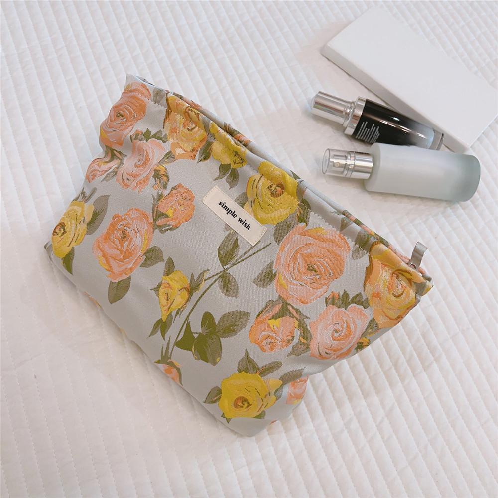 

Fresh Flower Pattern Travel Cosmetics Toiletries Storage Bag Women Canvas Clutch Bag Yellow Rose