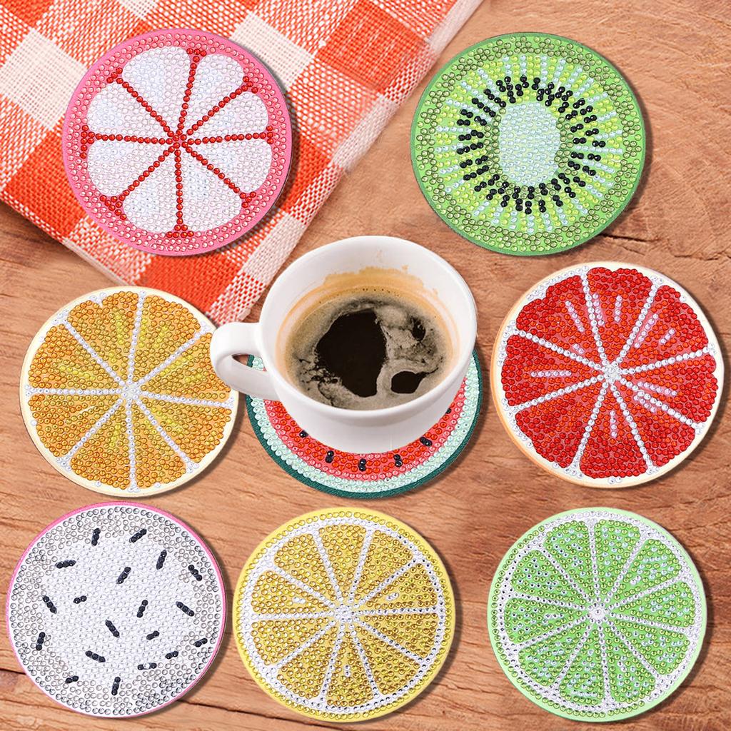 8-piece Fruit Pattern DIY Diamond Art Painting Coaster Without Cup Holder Wooden Coaster Living Room Office Bar Restaurant
