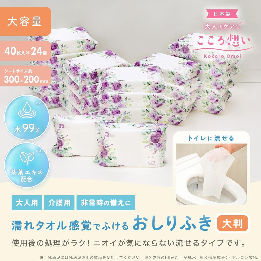 Kokoro Omoi Adult Flushable Wet Large Size x 20 40 Wipes x 24 Packs Durable Wipes for Thorough Made in Contains Hyaluronic Acid Wipes, (30 cm), (960