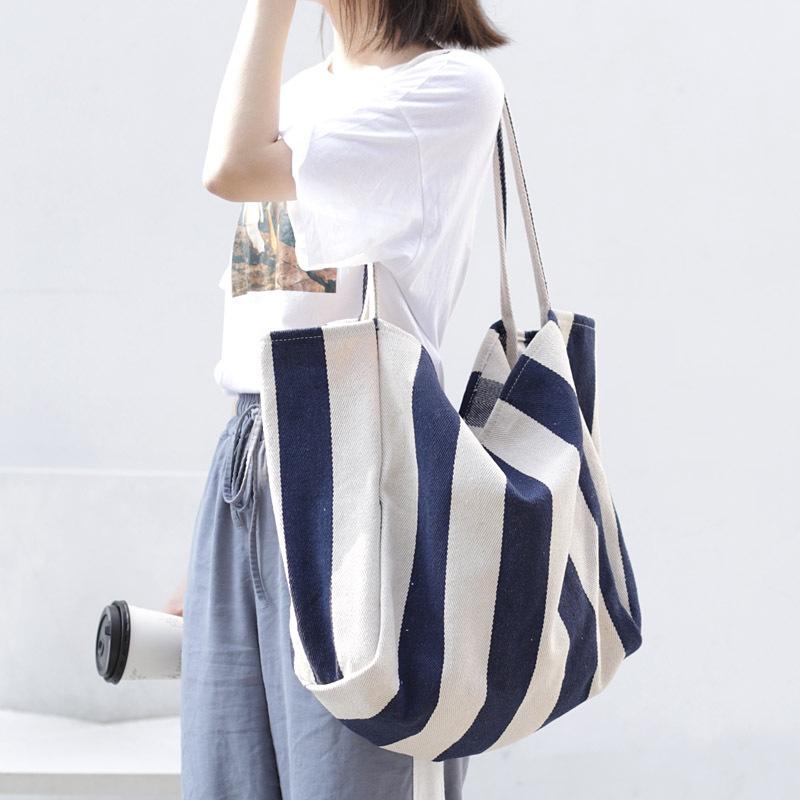 IELGY women s korean style retro simple striped canvas large capacity shoulder bag