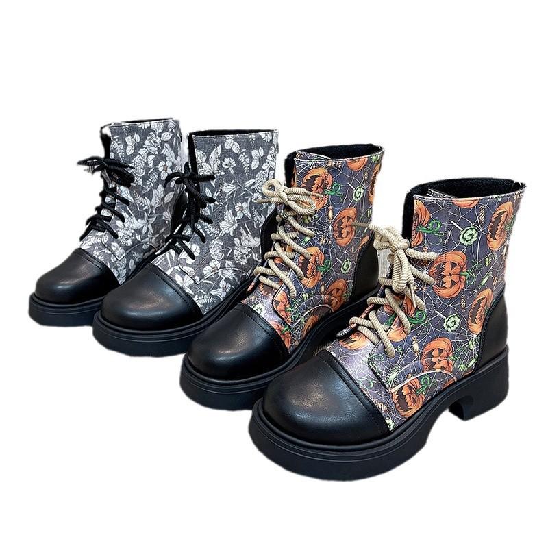 Large Size Martin Boots Women's Autumn and Winter Wind Lace-up Comfortable Thick-soled Printed Fashion Short Boots