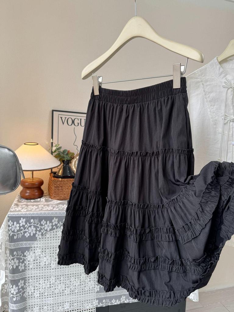 Versatile A-line Layered Cake Skirt with Ruffle Lace - Petite High-Waisted Midi White Skirt for Women