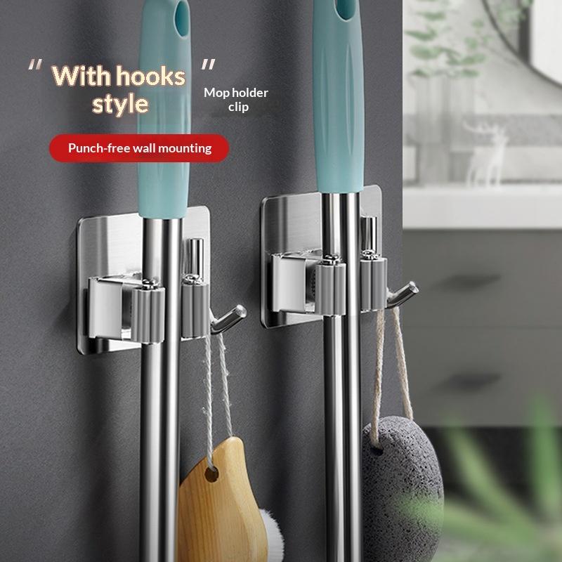 Wandmontierter Mopp-Organizer Clips Selbstklebend Badezimmer Mopp-Haken Halter Gestell Haken 304 Edelstahl Mopp-Clip Klemme