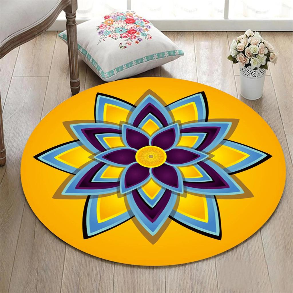 Bohemian Mandala Round Area Rug Collection Artistic Floral Geometric Pattern Floor Mat For Living Room Boho Home Decor