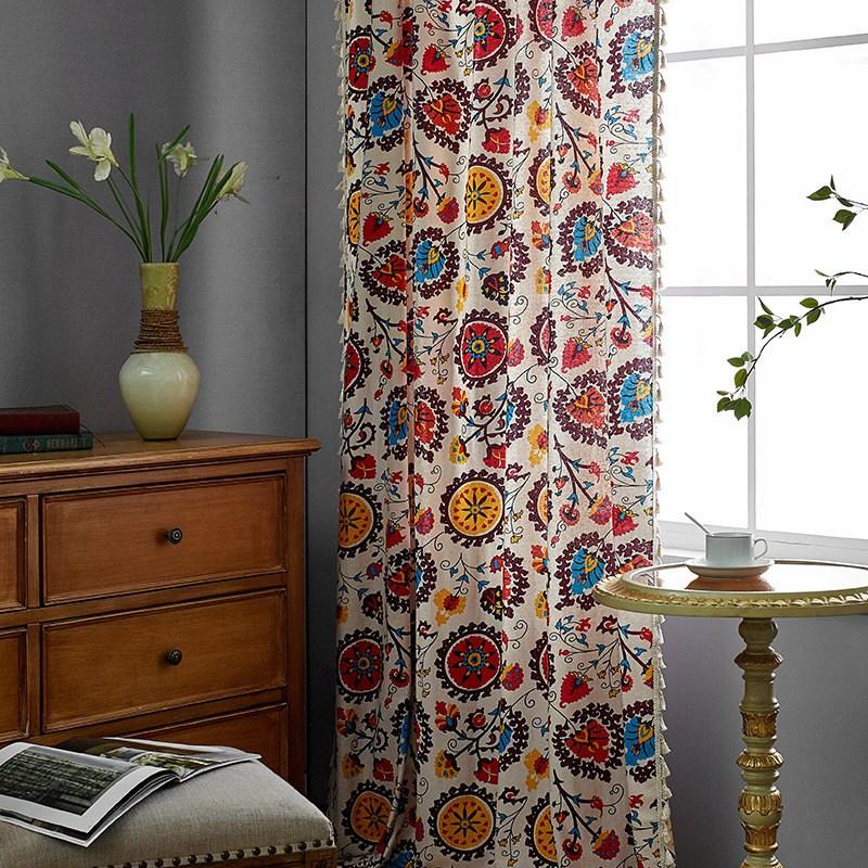 

Bohemian Sunflower Jacquard with Tassels Curtain Thick Blackout Curtains for Living Room American Vintage Drape Kitchen Valance W135 x H45cm&Punching