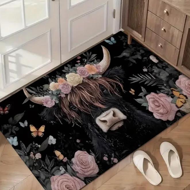 Enchanting Highland Cows Welcome Door Mats Rustic Wooden Board Flowers Entrance Bathroom Bedroom and Living Room Cow Decoration