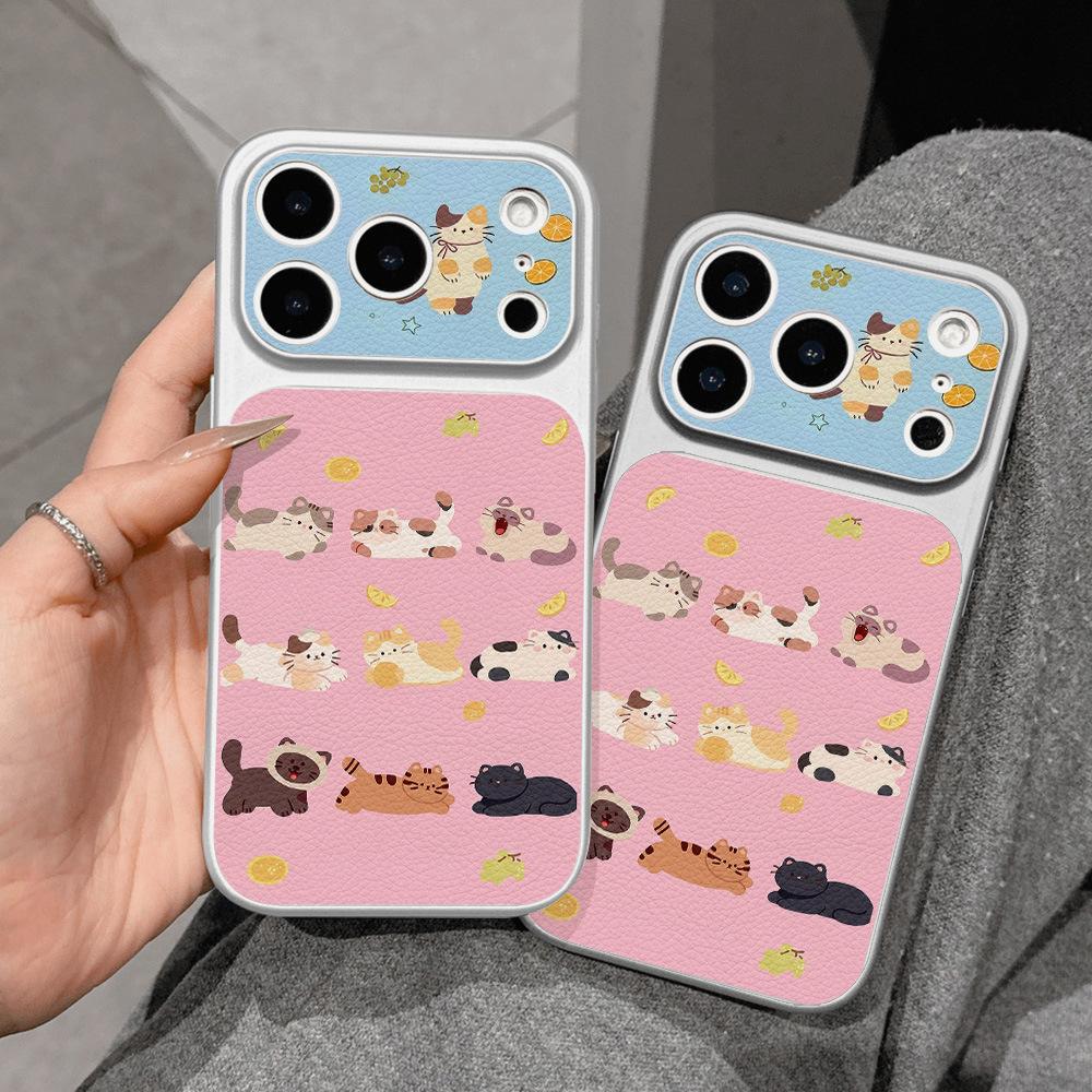 Pink and blue cat is suitable for Apple 17 mobile phone case iPhone15promax all-inclusive 16Pro leather pattern 14 simple ins