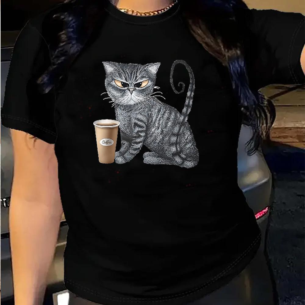 

Summer Round Neck Coffee Cat Printed Top Fashionable Casual Pure Cotton Short Sleeved Women s T-shirts S чёрный