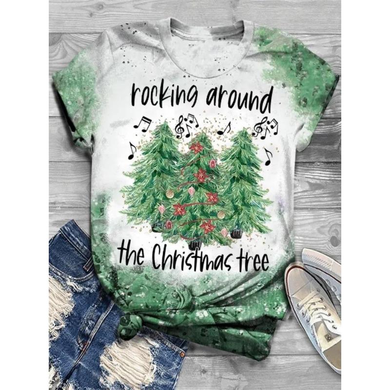 Letní dámská trička s krátkým rukávem, módní, ležérní, s 3D potiskem vánočního stromku a kulatým výstřihem