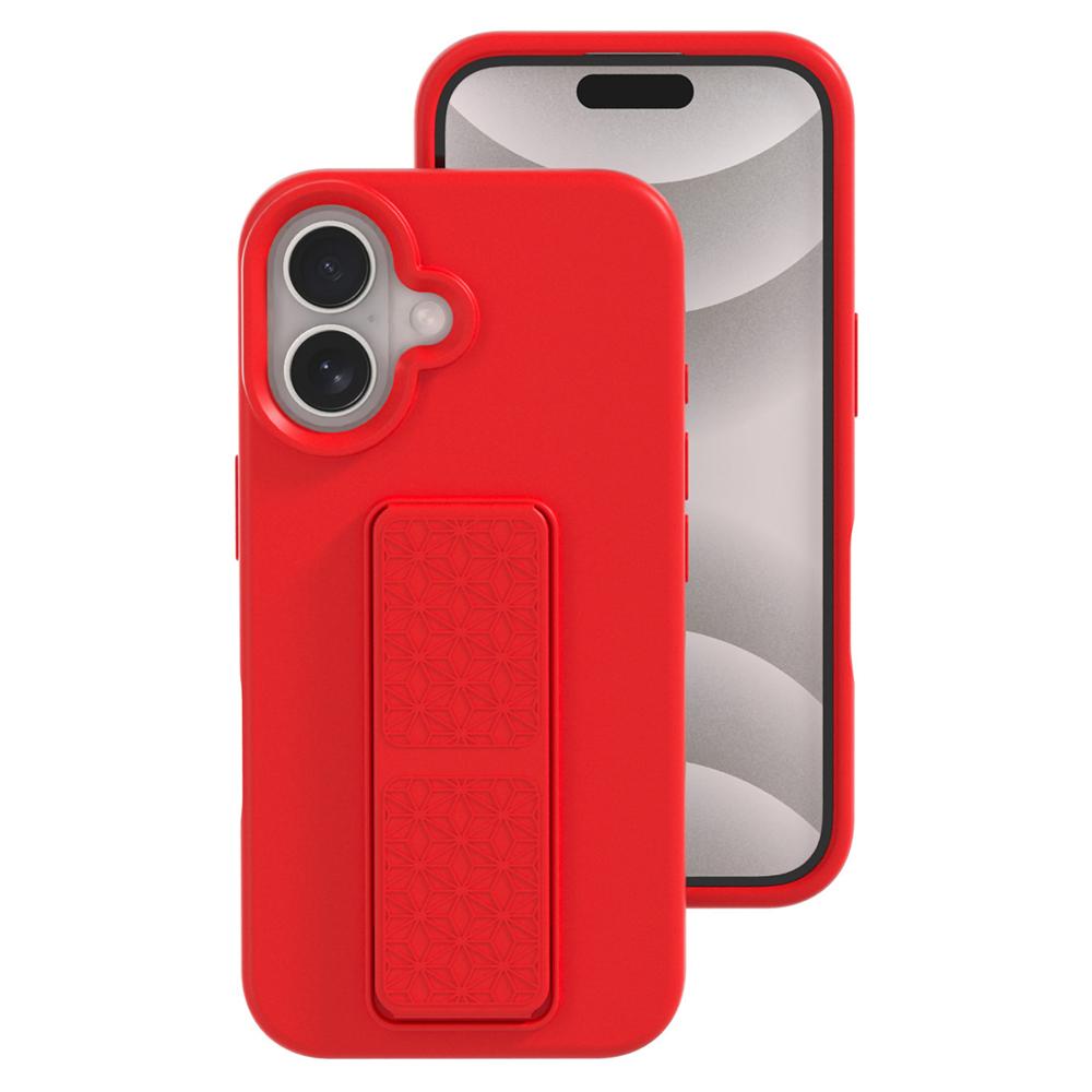 

For iPhone 16 Case Drop Protection Liquid Silicone Phone Cover with Hidden Kickstand Red