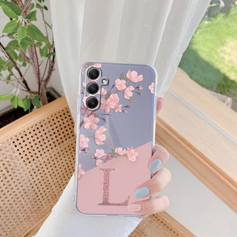 English Letter Flower Soft Clear Silicone Case For Samsung A35 A34 A55 A15 M35 M34 M14 M13 M15 S24 S23 S22 S21 S20 Camera Protective Shockproof Cover
