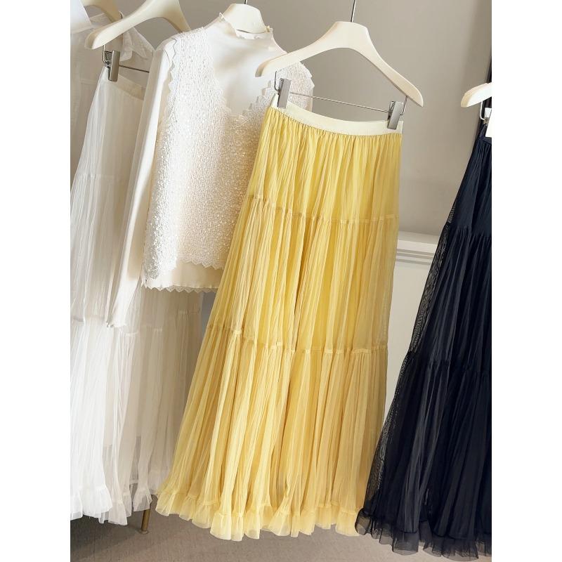 Spring High Waist Ruffle Leaf Edge Mesh Big Swing Skirt Women's New Gentle and Thin A-shaped Long Skirt