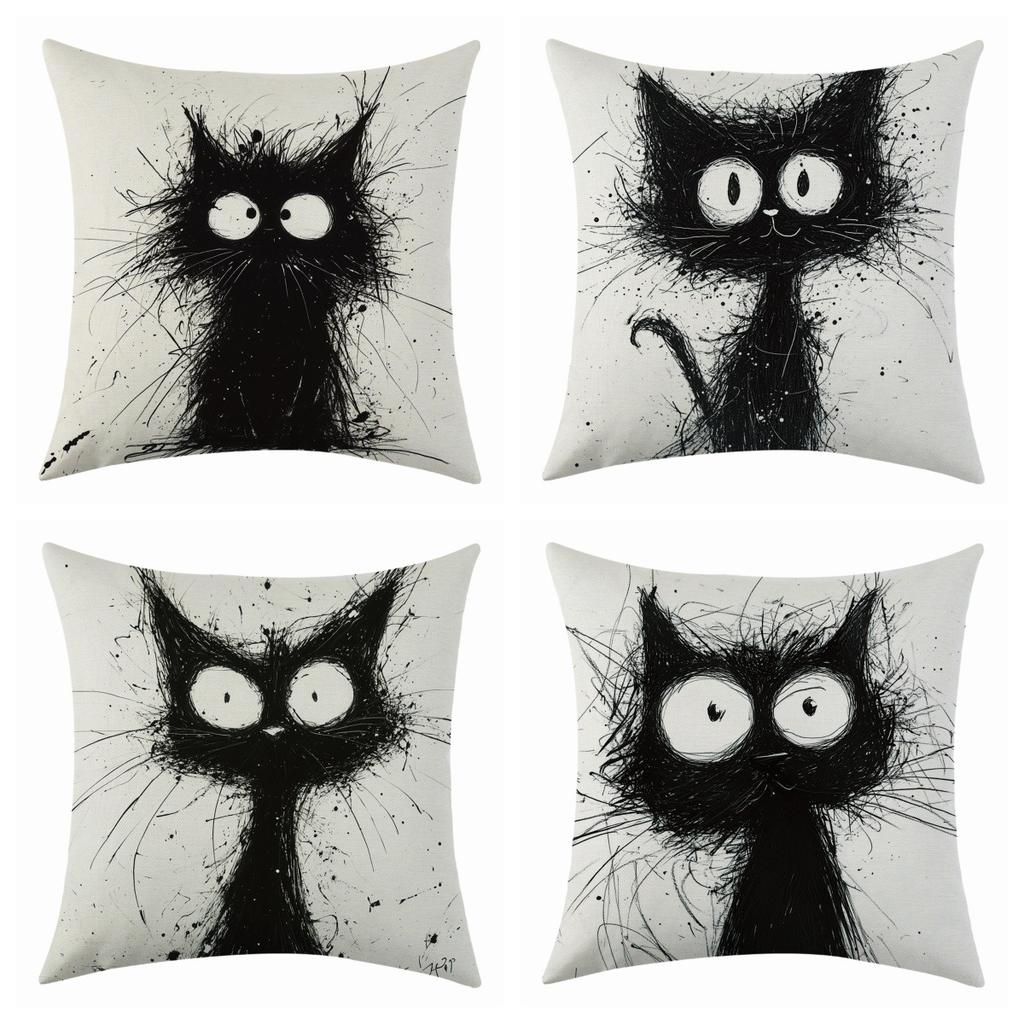 New Quirky Cat Linen Pillowcase, Simple Four-piece Set with Labels