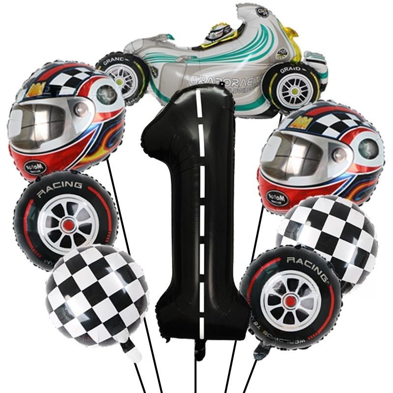 8 Pcs Race Car Theme Number Foil Balloon Set 40Inch Digit Motor Helmet Wheel Tire Racing Balloons Boy Birthday Decoration Baby S