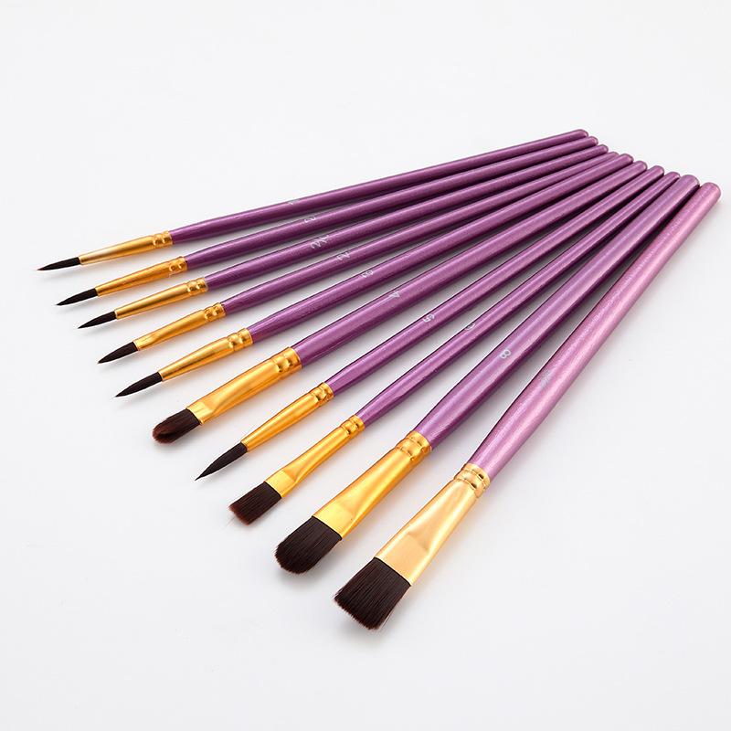 10 Nylon Brush Sets, Wooden Poles, Watercolor Paint, Oil Painting Brushes, Student Art Painting Brushes
