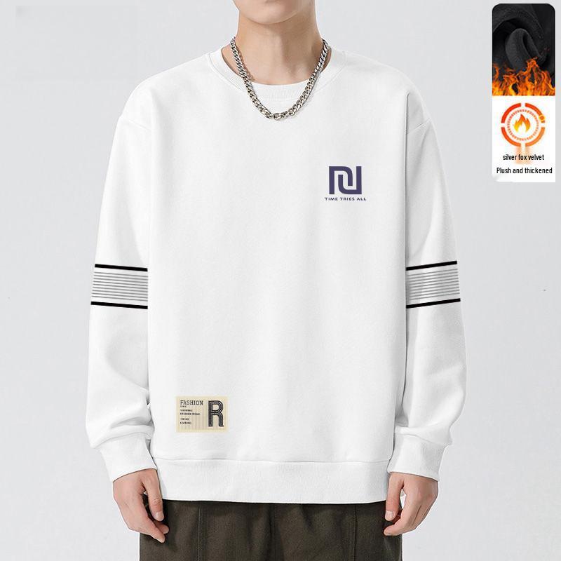 Men's Autumn & Winter Versatile Loose Hoodie with Round Neck, Plus Velvet Style, Trendy Casual Pullover Base Layer T-Shirt