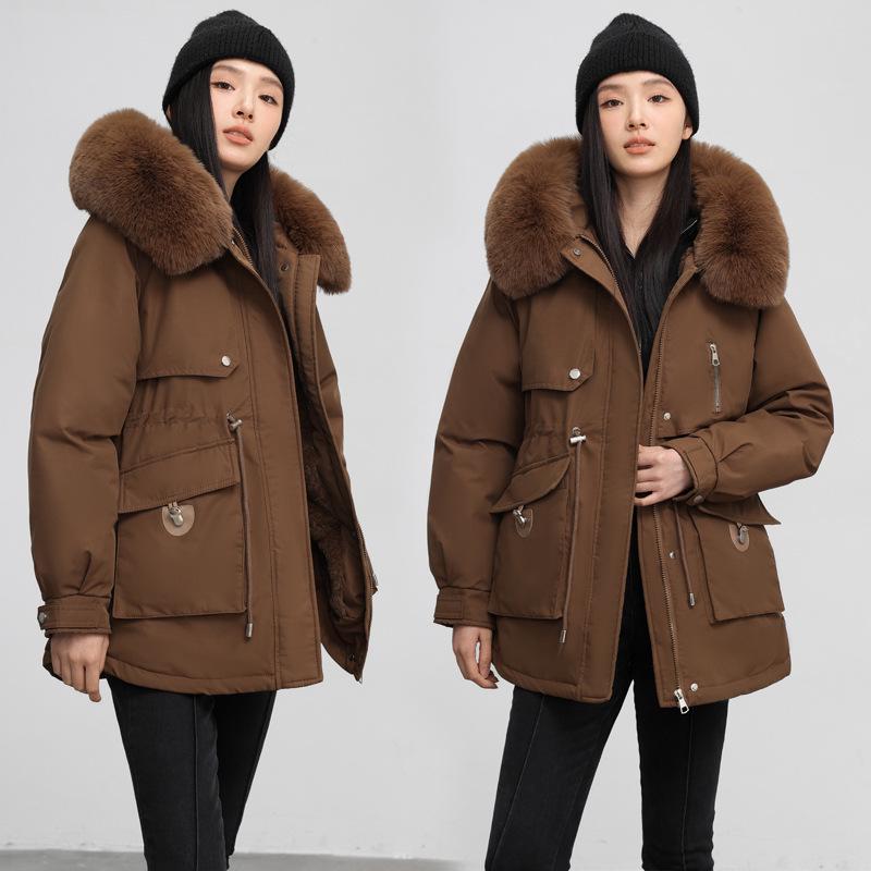 Women's Plus Velvet Fur Collar Parka, Slim-Fit Cotton Padded Jacket, Winter 2024 Collection.