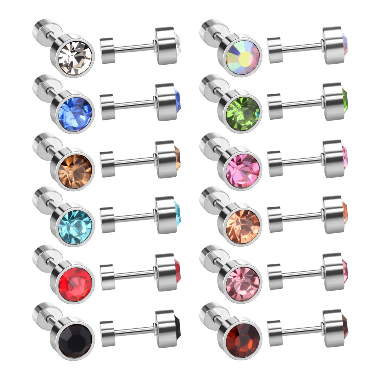 

Wholesale 12pairs/Lots 3-6MM Rround Shape Stainless Steel Earrings Cubic Zirconia Screw Pack Colorful Studs For Girls Jewelry 3MM