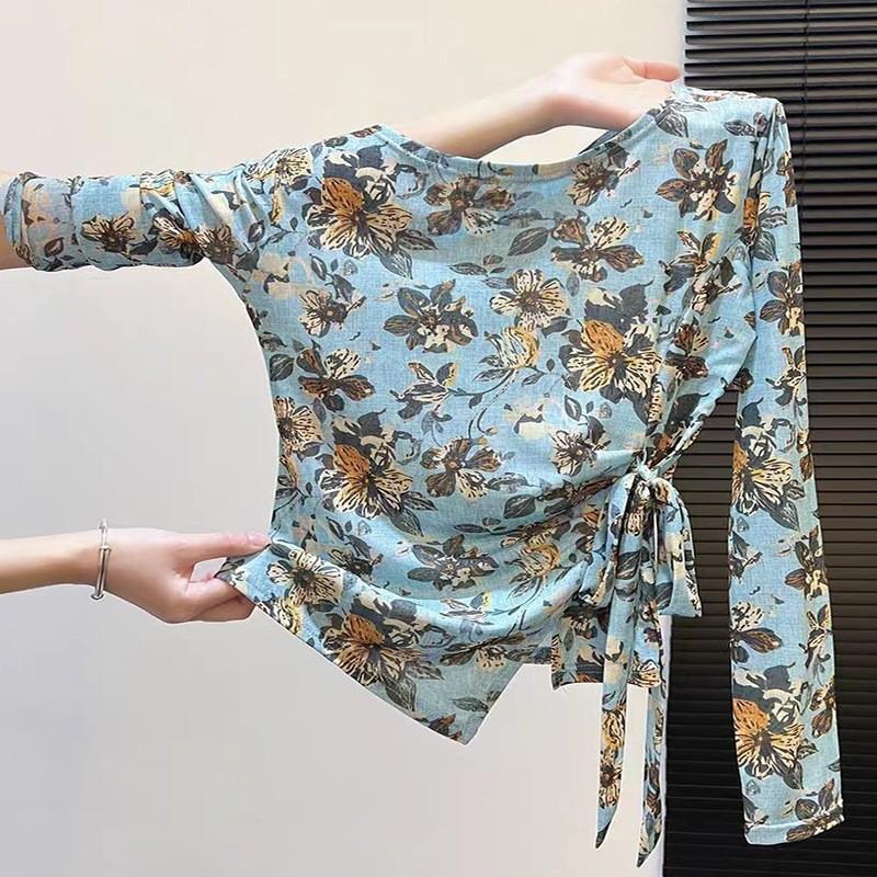 Vintage Floral Long Sleeve T Shirt With V Neck For Casual And Office Wear