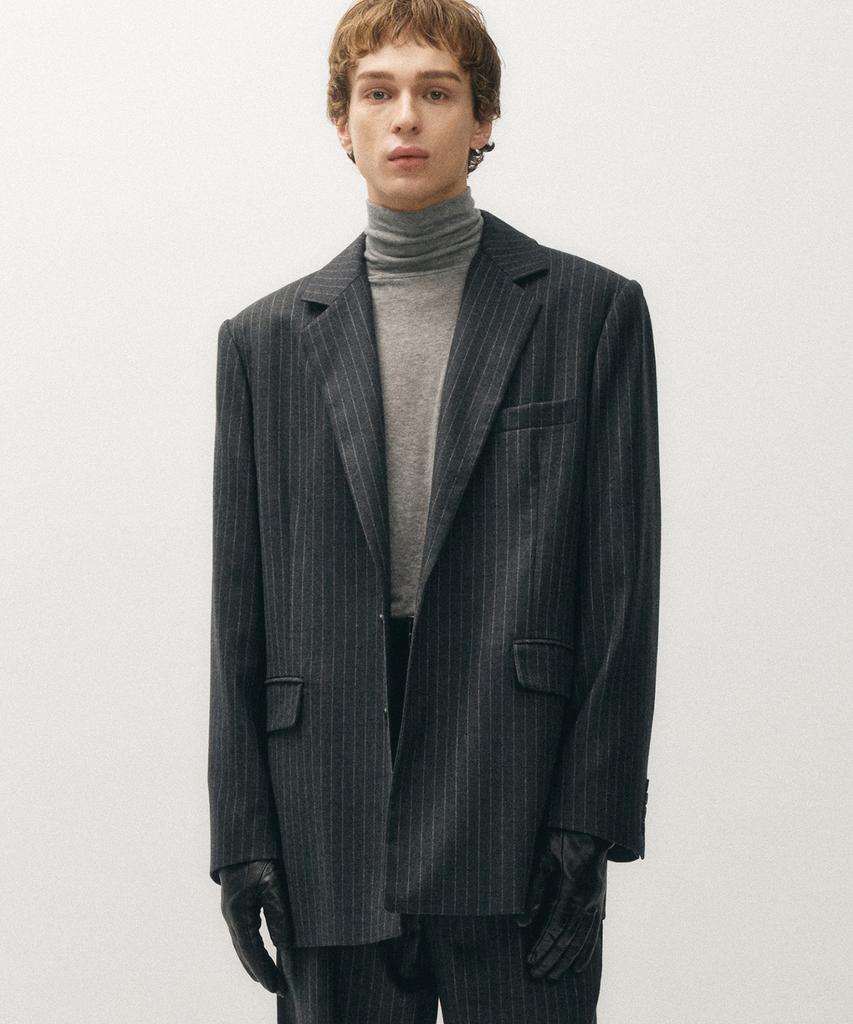 Noirer Wool Striped Tailored Jacket (Grey)