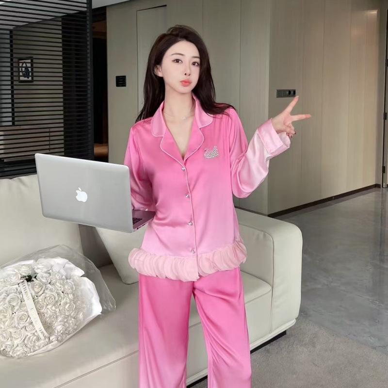 1011 Spring and Autumn New Ice Silk Pajamas Women's Light Luxury Lace French Satin Gradual Change Color High-end Loungewear Set
