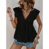 Camisa de Mujer Verano Calada Vacaciones Cuello en V Fruncida Manga Corta Encaje Blanca Blusa Moda Mujer Elegantes Tops Ajuste Ceñido Casual Suelta Camisas Femeninas