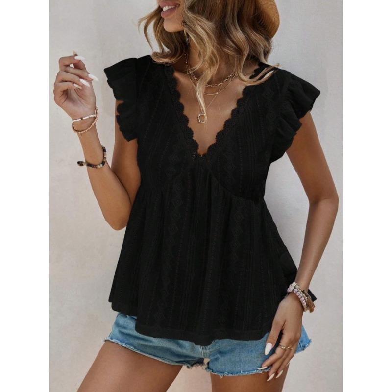 Camisa de Mujer Verano Calada Vacaciones Cuello en V Fruncida Manga Corta Encaje Blanca Blusa Moda Mujer Elegantes Tops Ajuste Ceñido Casual Suelta Camisas Femeninas