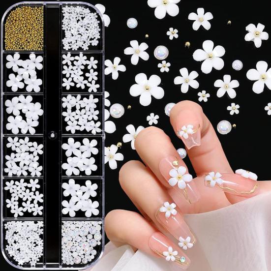 Yousheng Nail Flower Ornament Five Petals Embossed Pattern White Mini Resin DIY Manicure Flower Decoration for Salon