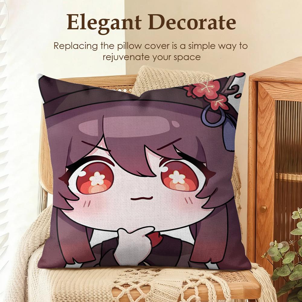 Hu Tao cute Genshin Impact Cushion Cover Natural Linen Organic Fabric DoubleSided Printing Sofa Home Decor Gift Pillow Case