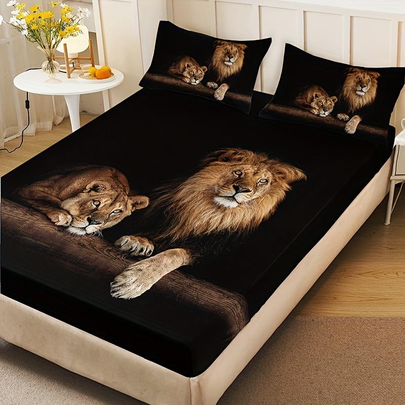 3pcs Fitted Sheet Set Black Lion Animal 3D Printed 100% Polyester Cover Breathable Bedding Set Home Decor with 2 Pillowcases