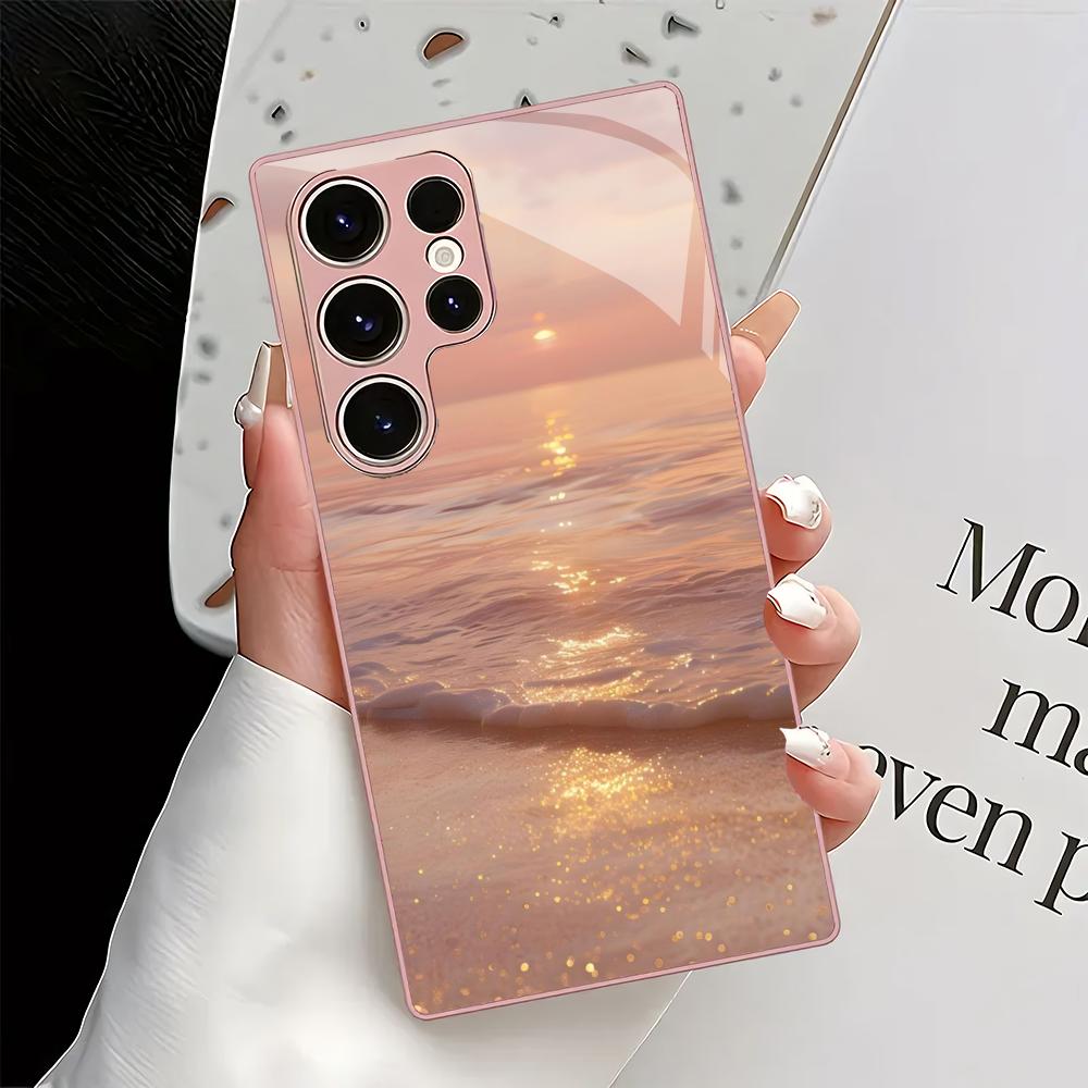 Pink beach design glass phone case suitable for Samsung Galaxy S26 S25 S24 S23 S22 S20 FE/Ultra/Plus shockproof back cover