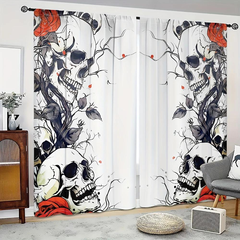 

2 шт. - Хелловінські готичні штори з принтом черепа та троянди на білому тлі, чорно-сіро-червоні, прикраси для дому, прикраси для кімнати 14Wx39L(35x100CM)x2