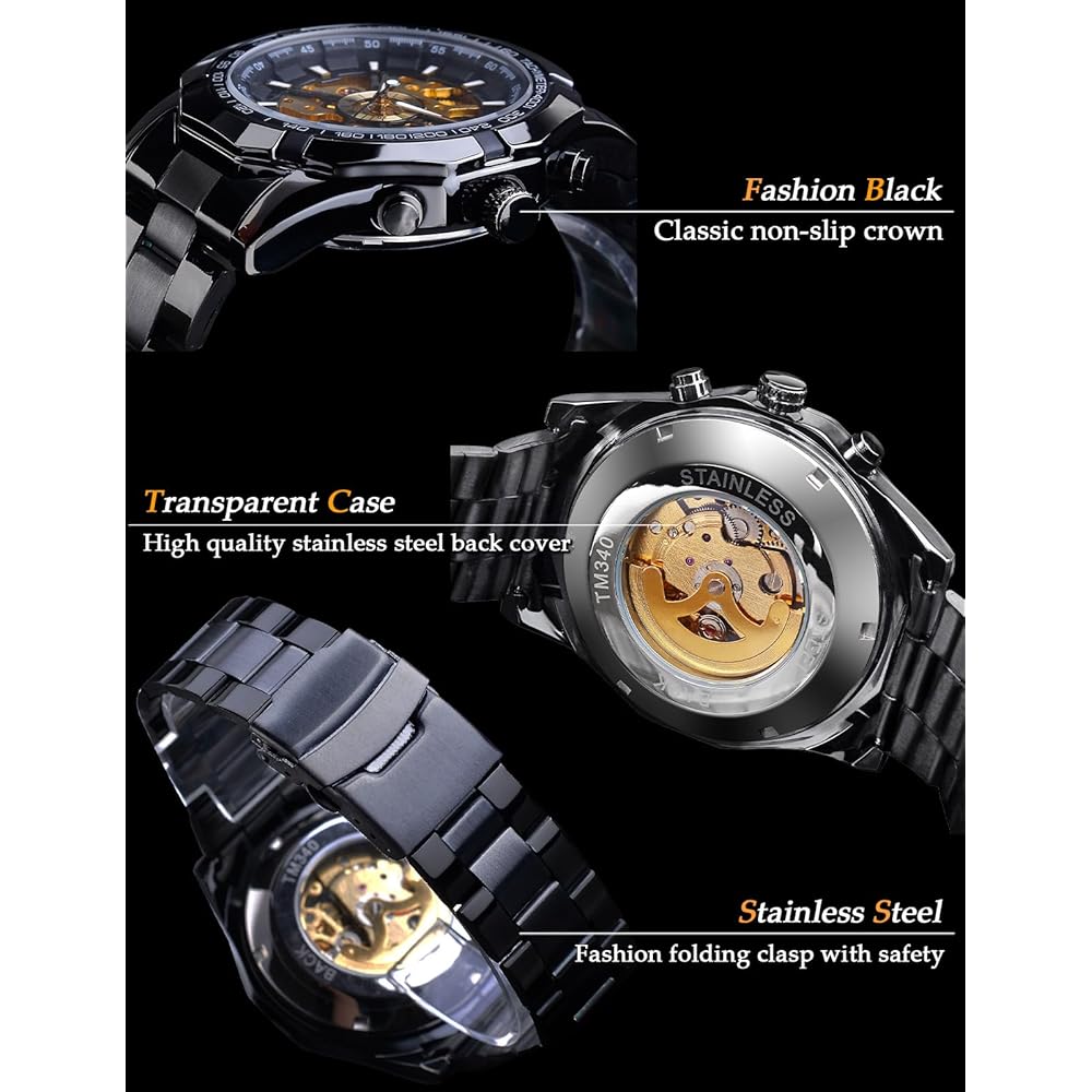 Forsining Men's Automatic Skeleton Watch Blue Black Stainless Steel Band Waterproof Modern Design