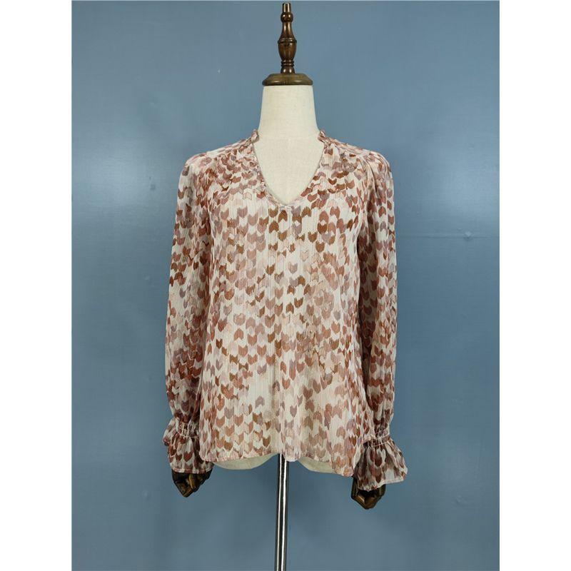 

Export Single AQ Home New Arrival Sexy V-neck See-through Bright Silk Thread Long Sleeves Lace Exquisite Print Elegant Tops Shirt Milk Cafe XL