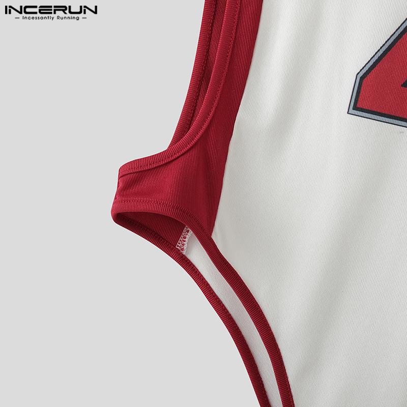 INCERUN Men Deep U Sleeveless Letter Print Fitted Playsuit Bodysuits Jumpsuits Underwear