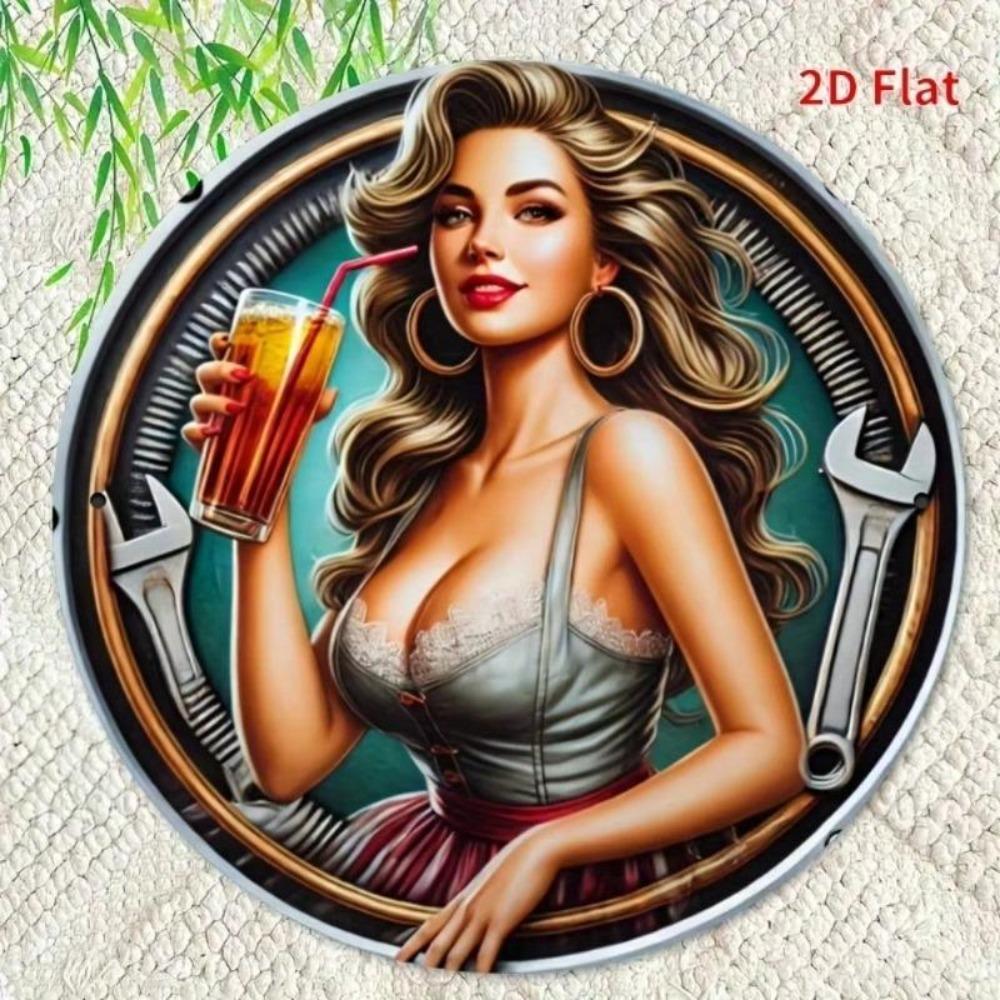 Vintage Metal Wall Art Round Plaque Elegant Woman with Wrench and Drink Home Bar Cafe Decor