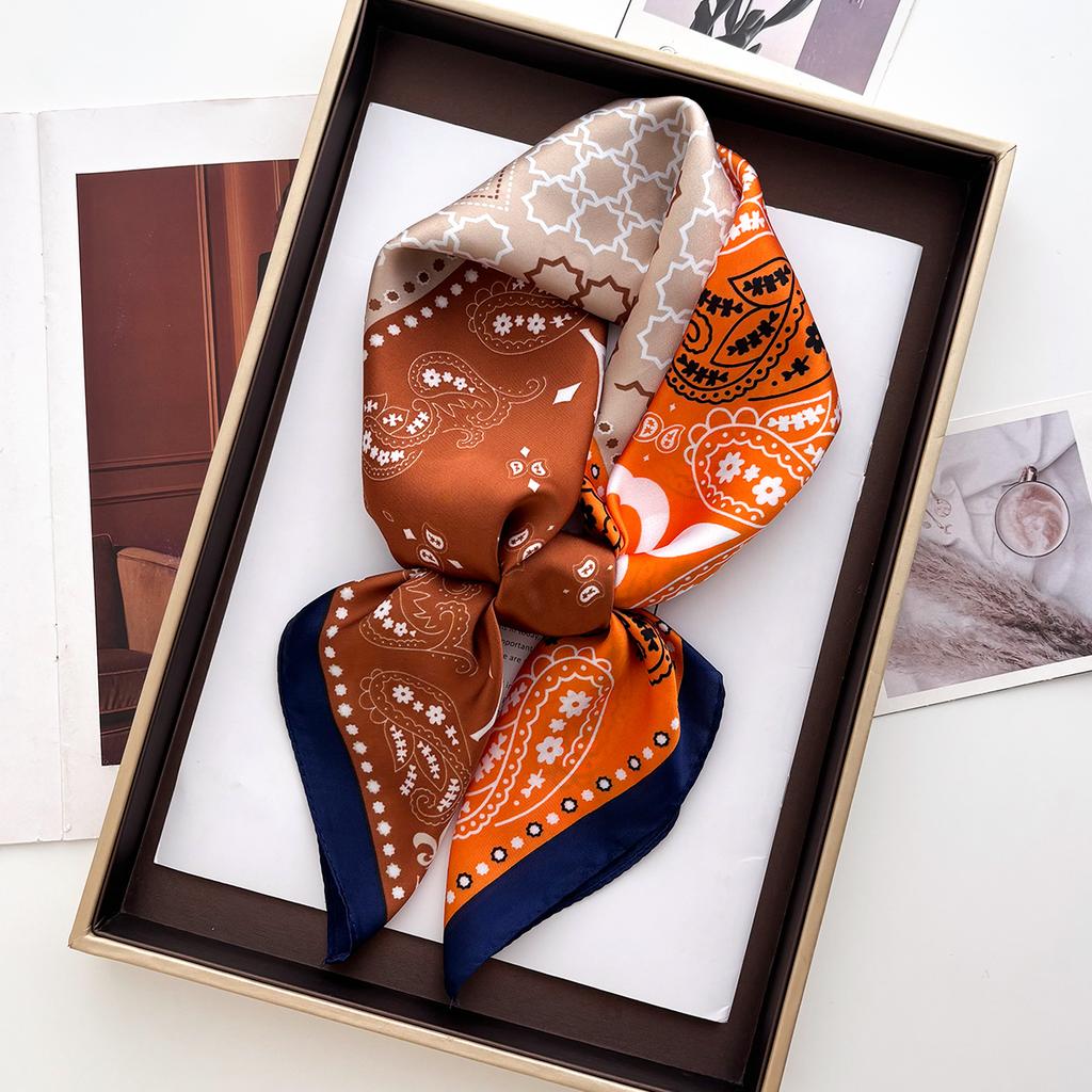 Luxury Silk 70cm Square Scarf For Women Bandanas Fashion Lady Hairband Female Cashew Print Neckerchief Hijab Bag Ribbon
