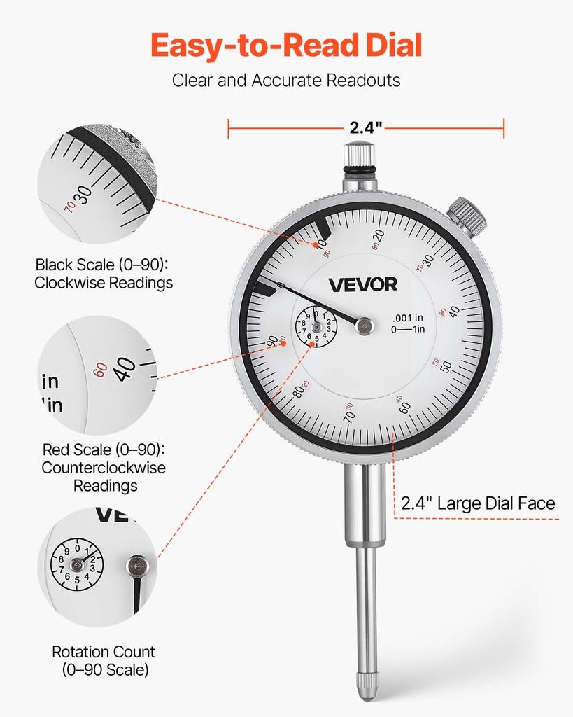 VEVOR Dial Test Indicator with 360 Degrees Flexible Arm and 360 Degrees Locking Pliers, 0.03 Mm Accuracy, 0-25.4mm Range